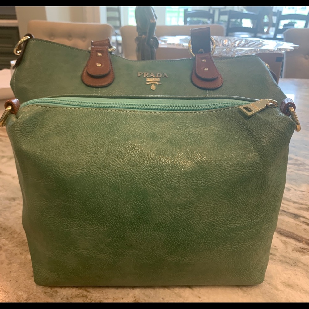 Prada leather makeup bag green